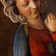 Painting, low relief in polychrome plaster, virgin mary, child jesus on wooden frame