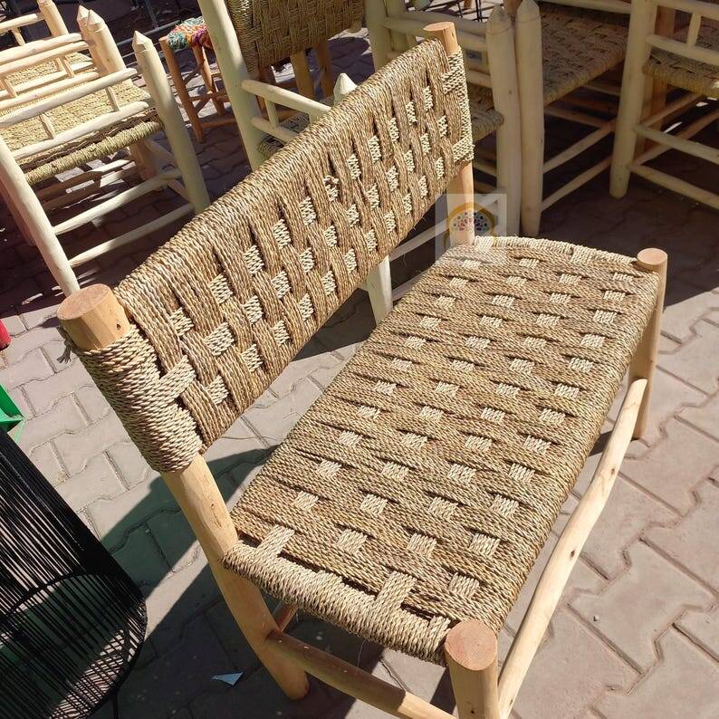 Moroccan Wooden Bench with Palm Leaf Cord Entryway and Living Room Boh