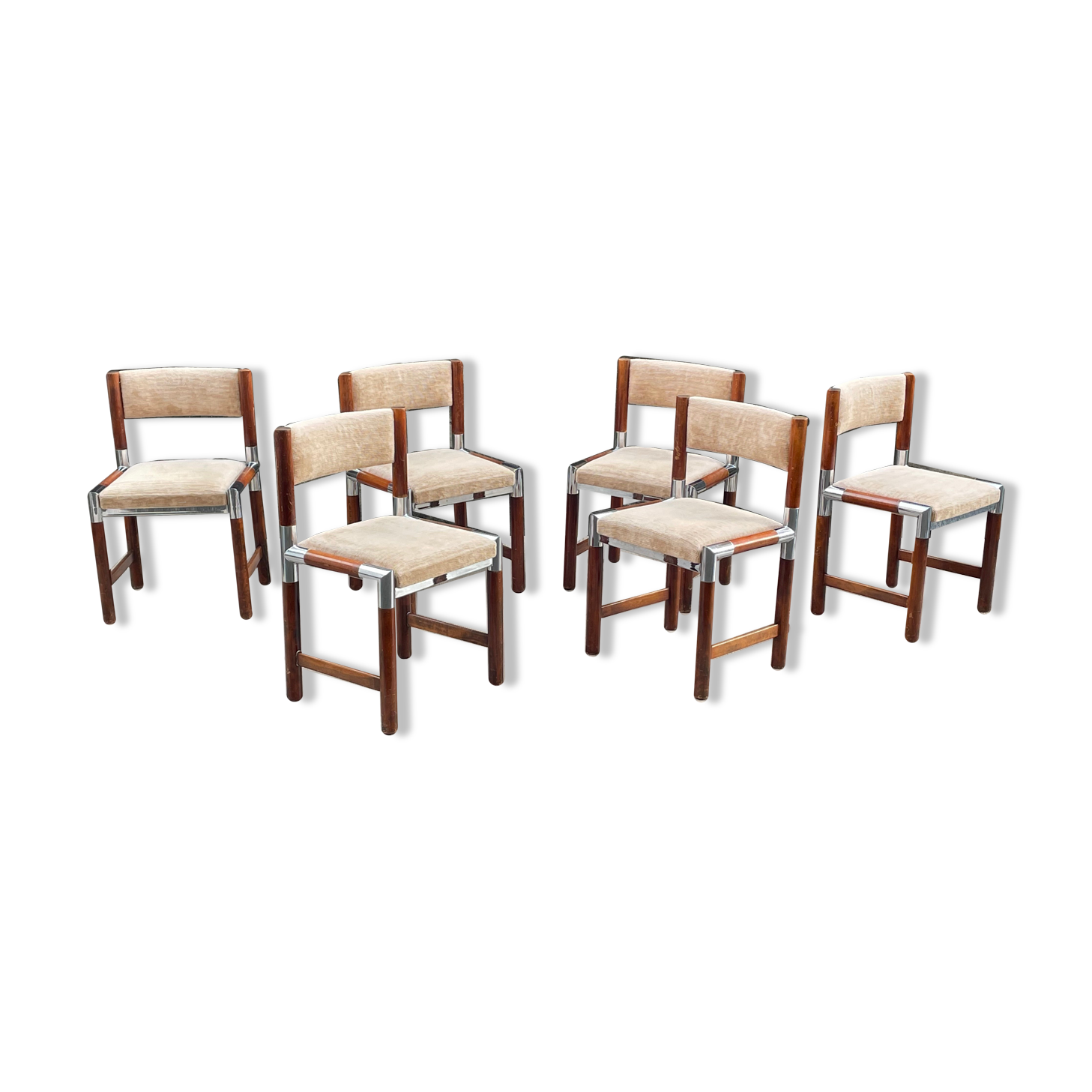 6 chaises vintage en bois, métal et tissu
