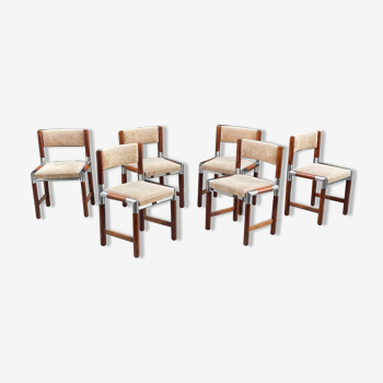 6 vintage chairs in wood, metal and fabric