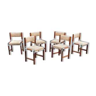 6 chaises vintage en bois, métal et tissu