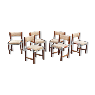 6 vintage chairs in wood, metal and fabric
