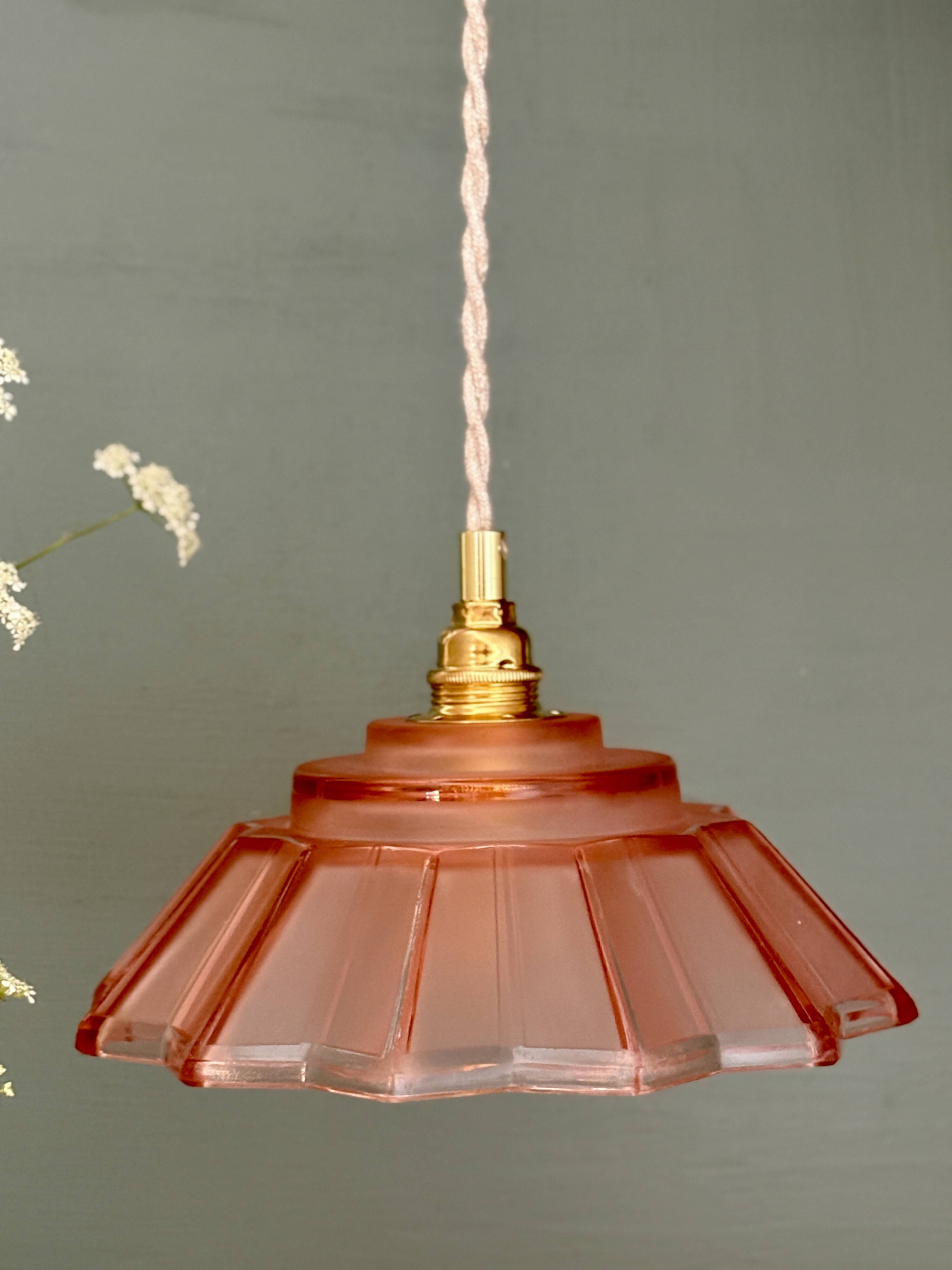 suspension vintage art deco lampshade in frosted pink glass