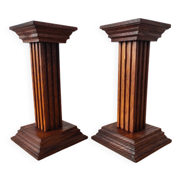 Pair of vintage oak wood candlesticks in Art Deco style