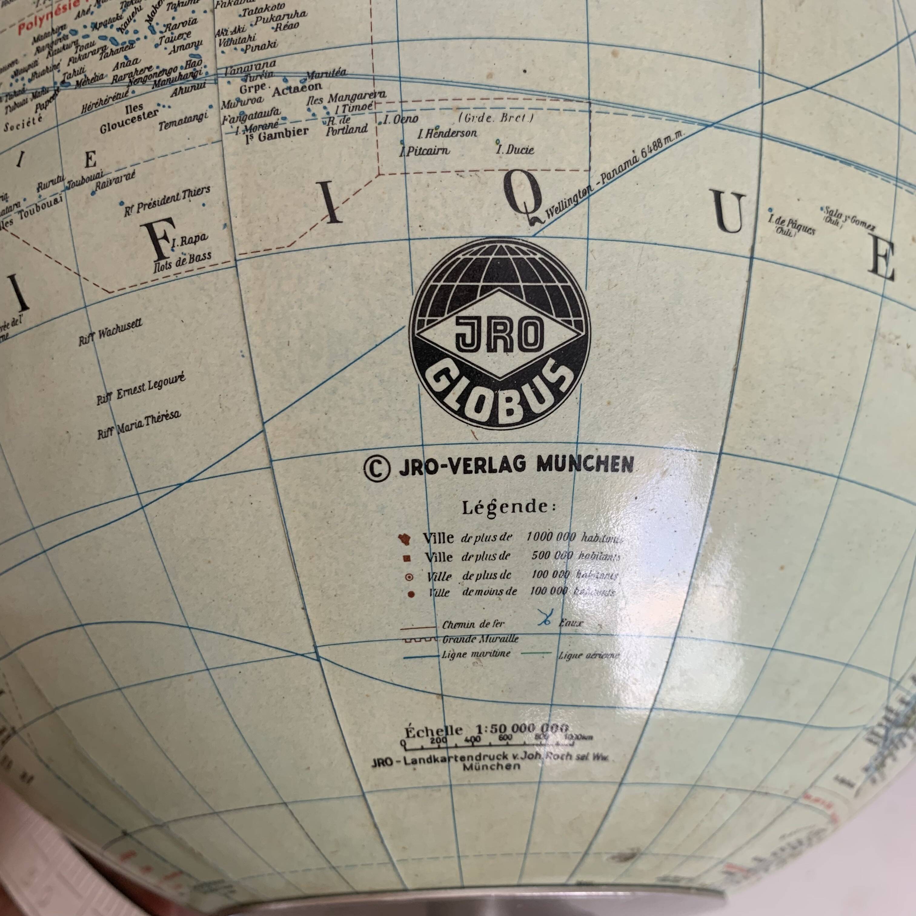 Globe vintage 1960 terrestre Verre JRO Verlag français - 35 cm