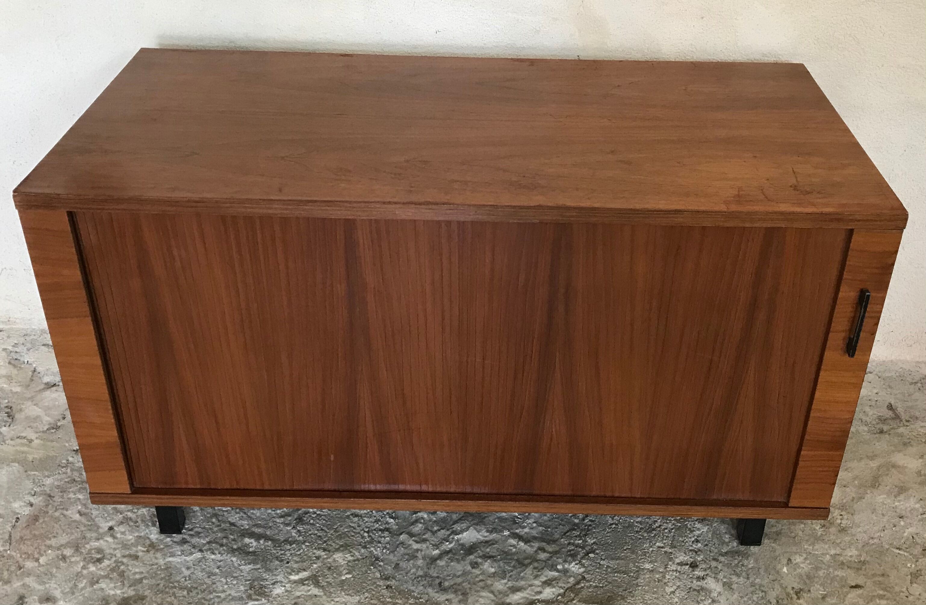Vintage storage cabinet box on feet with sliding curtain
