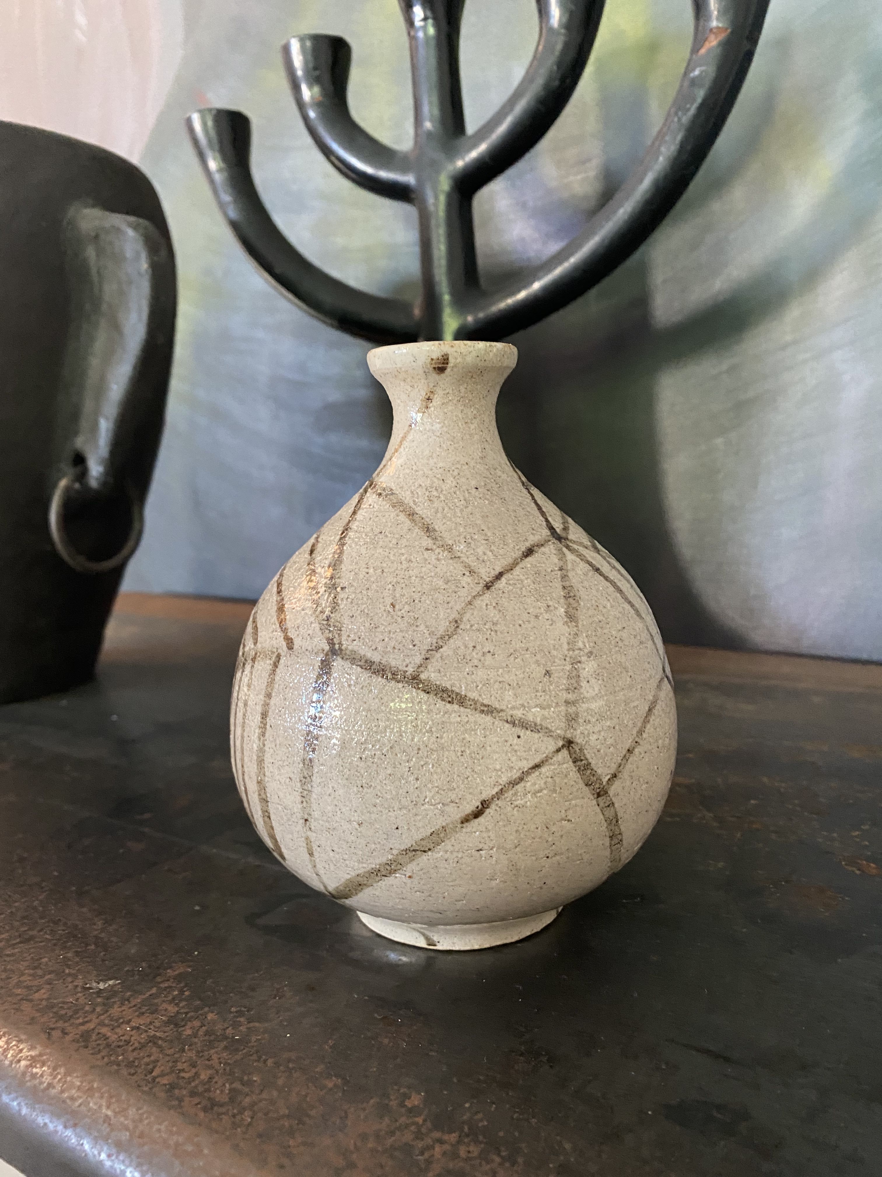 Vase ball ceramic vintage spider pattern signed mid century