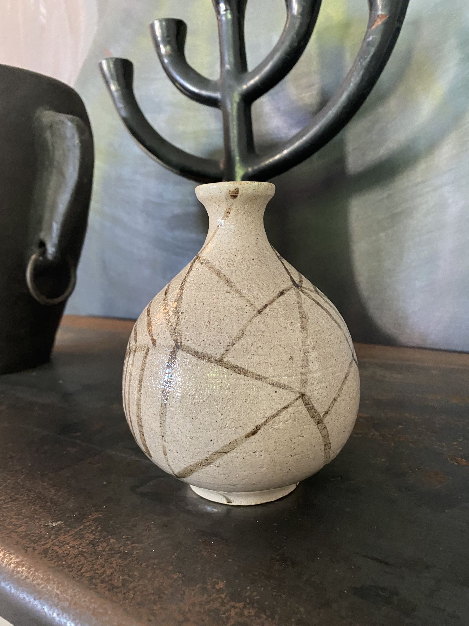Vase ball ceramic vintage spider pattern signed mid century