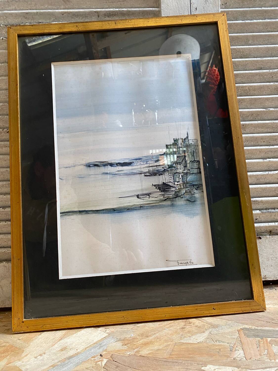 Old ink painting seaside view signed + golden wood frame