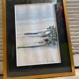 Old ink painting seaside view signed + golden wood frame