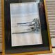 Old ink painting seaside view signed + golden wood frame