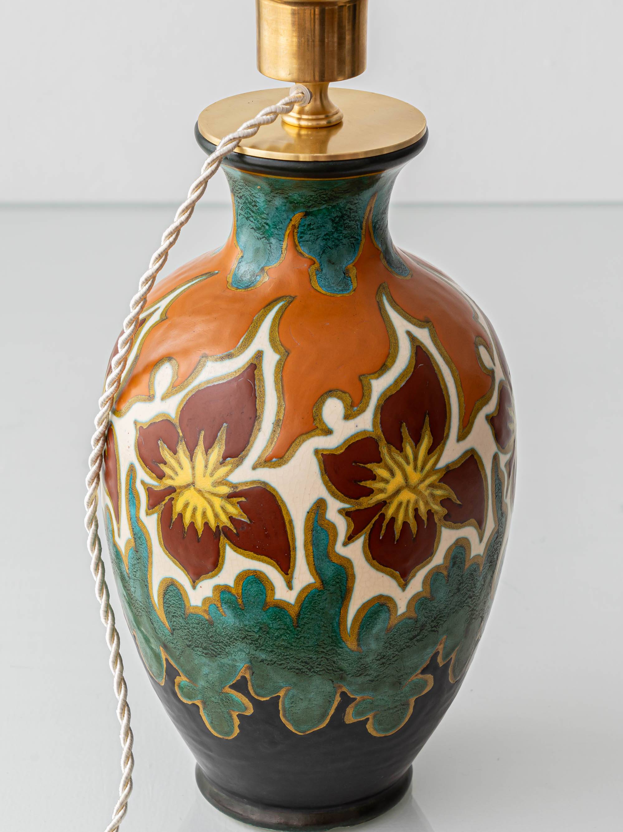 Gouda Pottery Table Lamps, Pair, Dutch Art Deco Floral, New Silk Shades