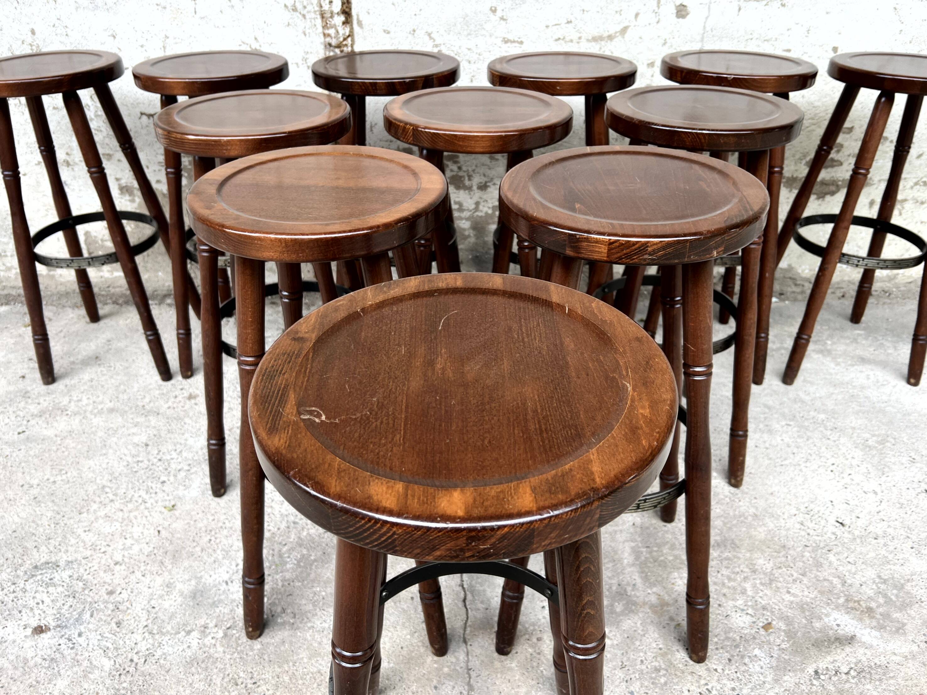 Set of 12 solid wood bar stools 1960 - 1970 vintage