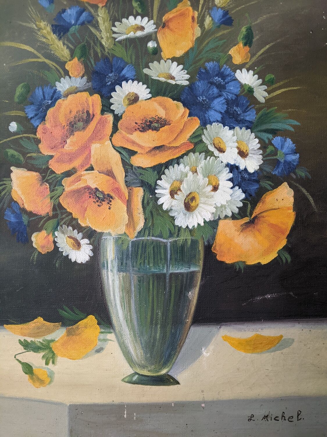 Antique still life painting, bohemian country decor, floral bouquet