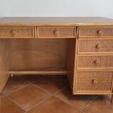 Vintage desk and matching chair set in rattan cannage, bamboo and wood