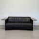Vintage Black Leather Loveseat with Cantilevered Walnut Tray Arms