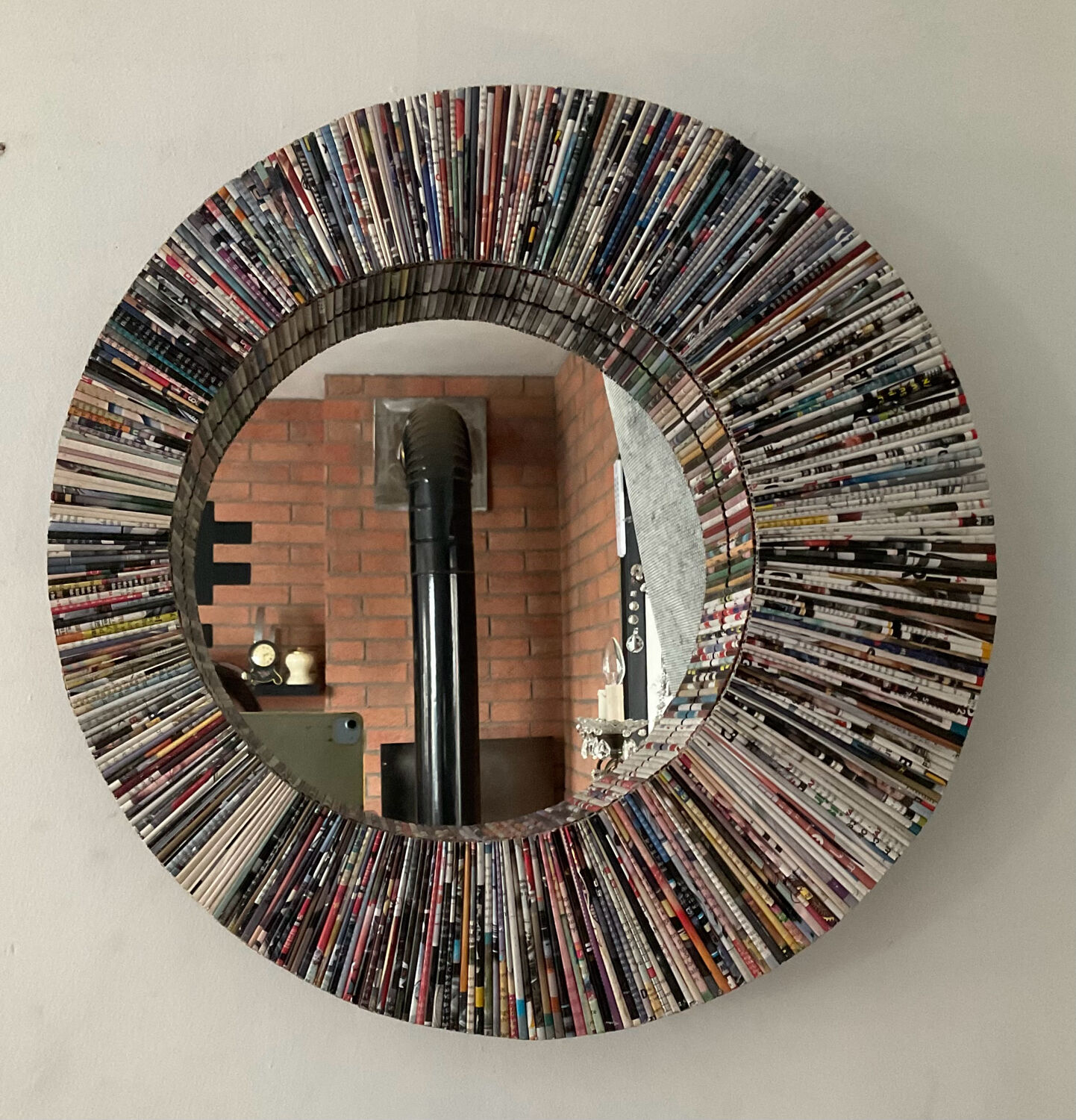 Vintage round mirror made of paper rolls