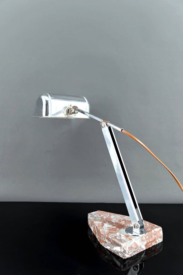 Grande Lampe de Bureau, Chrome, Aluminium et Marbre, Art Déco Moderniste