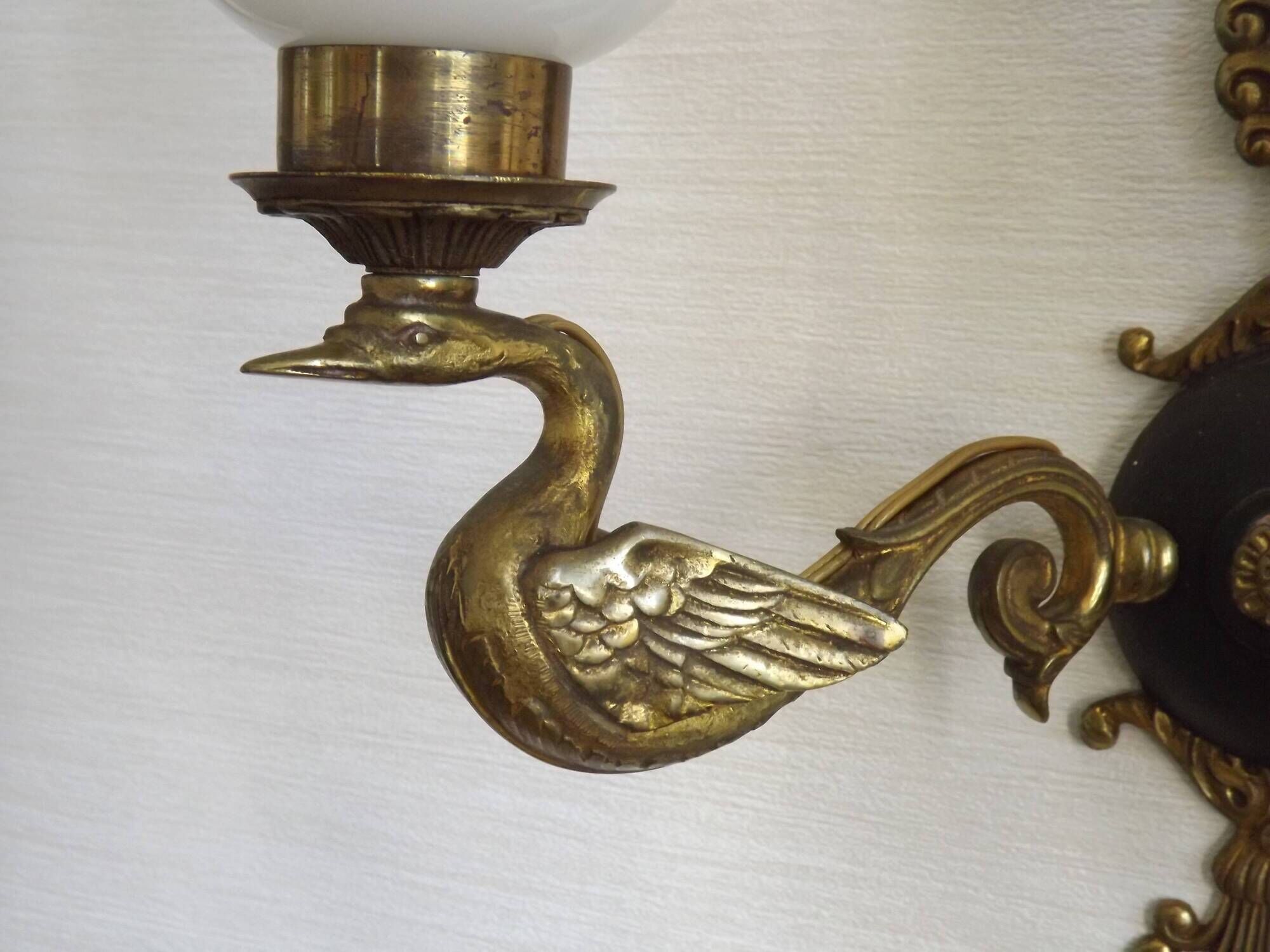 Pair Of Lucien Gau Style Double Swan Wall Lights With Opaque Glass Shades