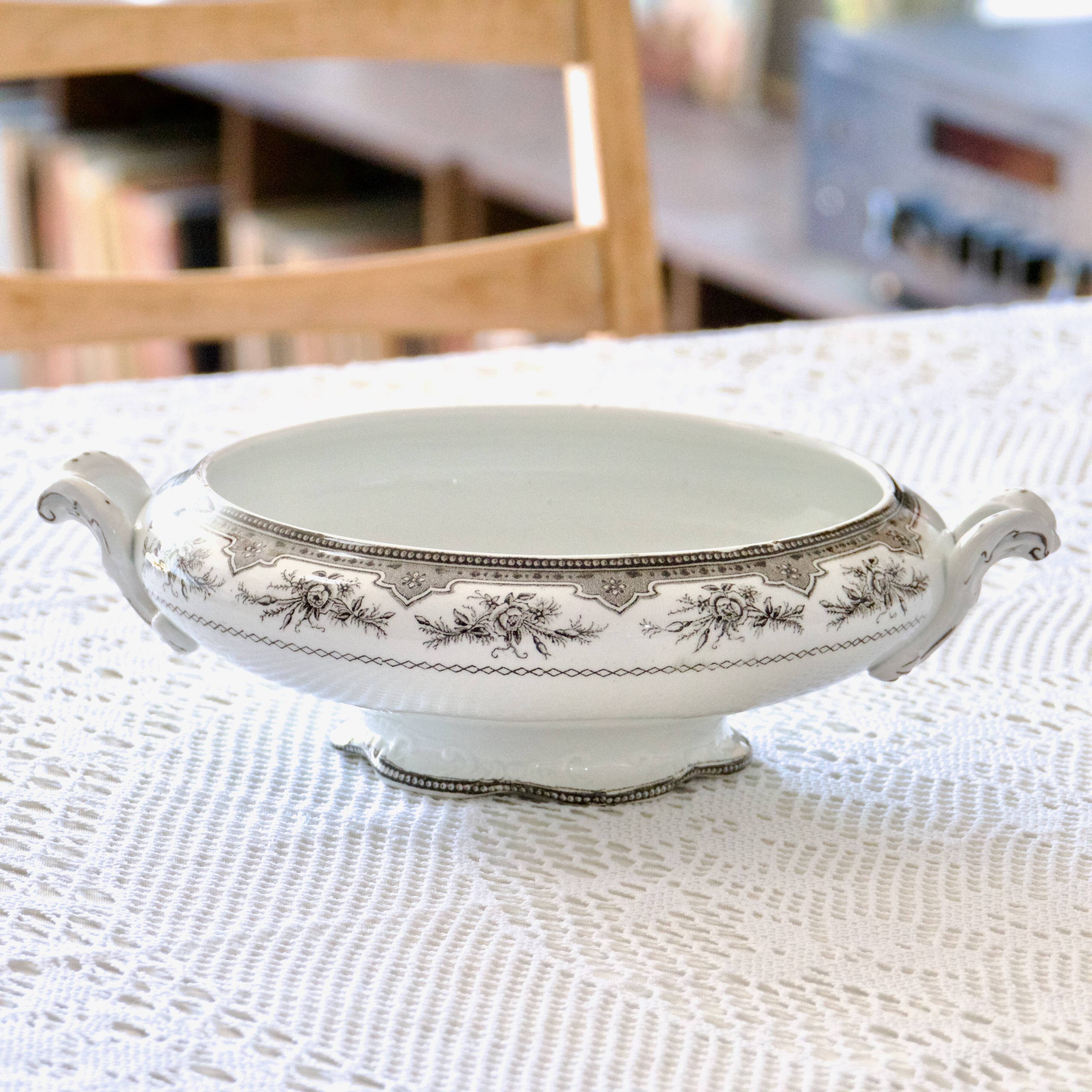 19th century vegetable dish, iron earth Onnaing, sepia, moss roses