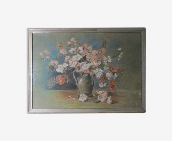Tableau dessin pastel composition champêtre vase bouquet de fleurs printanières