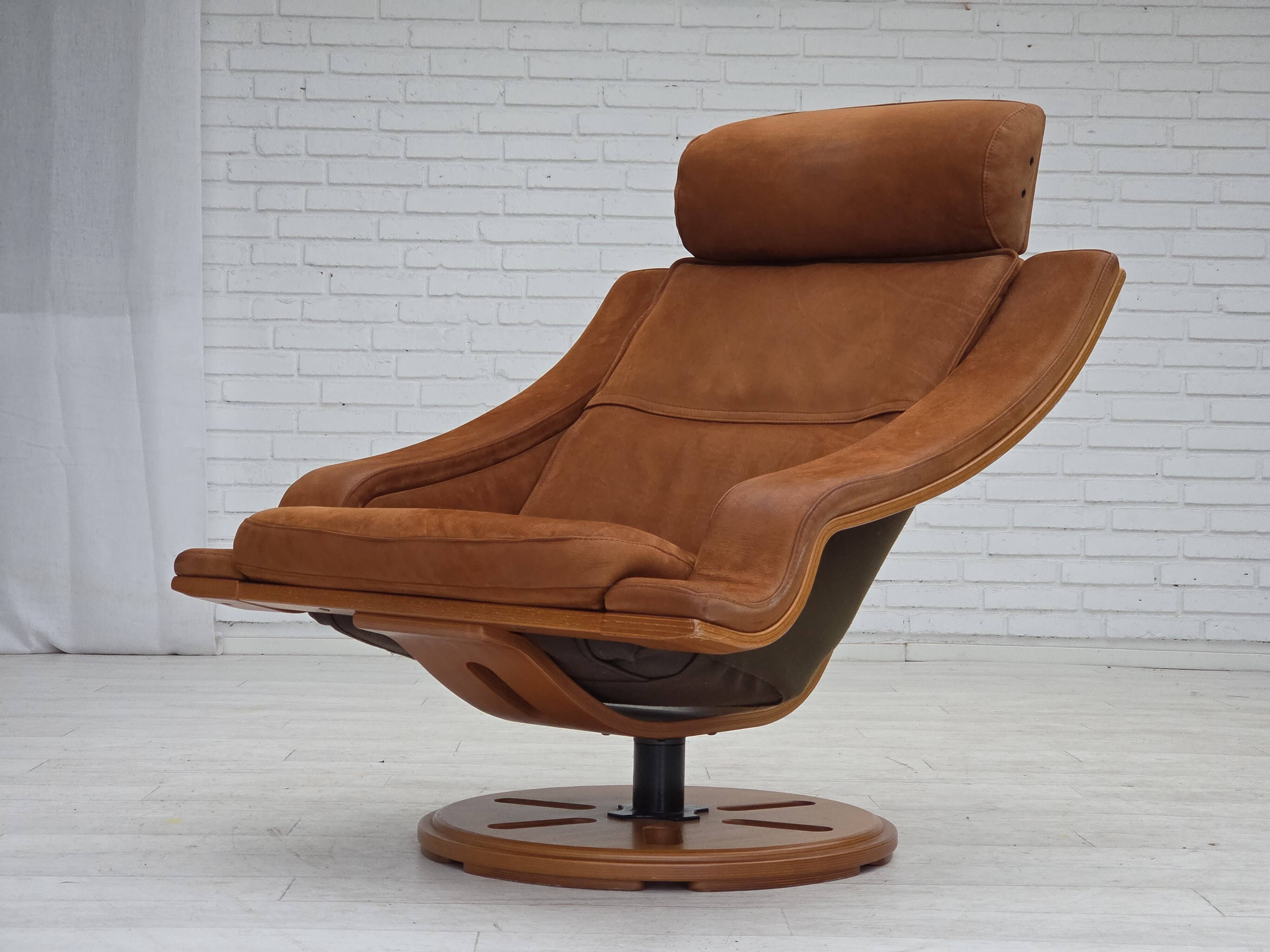 1980s, Swedish swivel armchair, nubuck leather, canvas, bent beech wood.