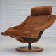 1980s, Swedish swivel armchair, nubuck leather, canvas, bent beech wood.