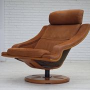 1980s, Swedish swivel armchair, nubuck leather, canvas, bent beech wood.