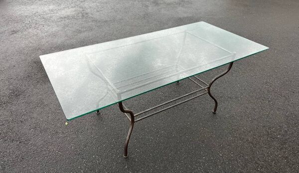 Table rectangulaire dessus verre translucide pietement metal vintage 1980