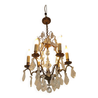 Elegant French Vintage 1940s Brass Glass & Crystal 6 Light Cage Chandelier