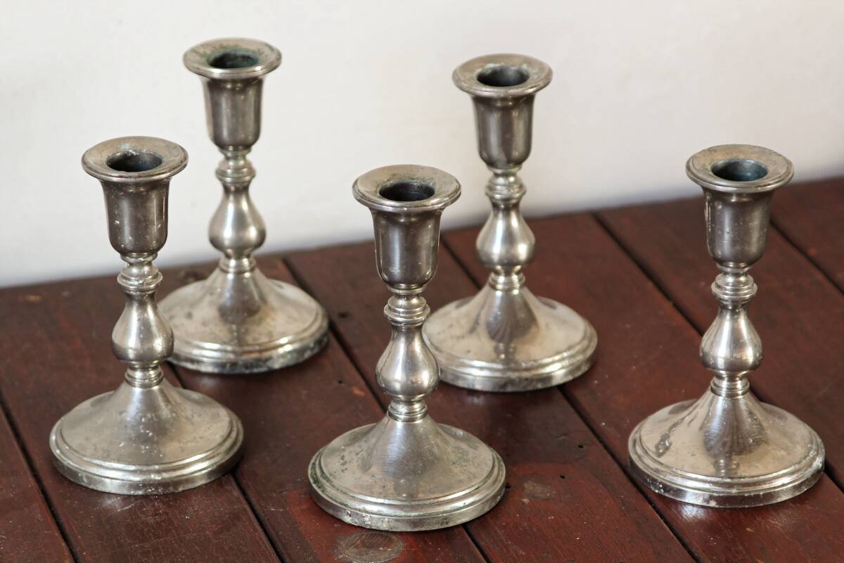 Set of 5 silver metal candle holders