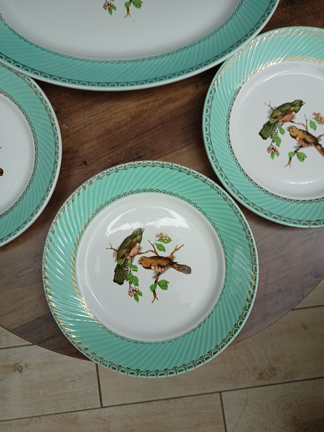 Lot 1 large oval dish and 3 bird plates Green background