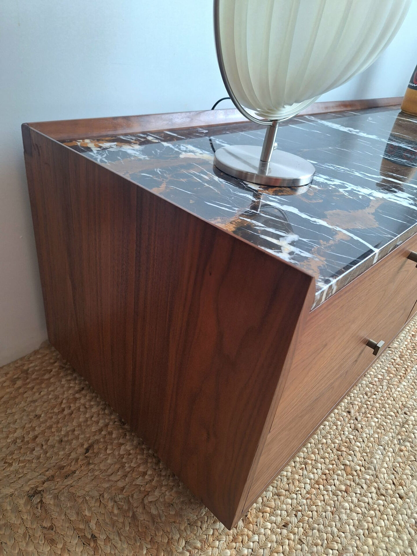 AMPM Noham TV unit, walnut sideboard with amber marble.