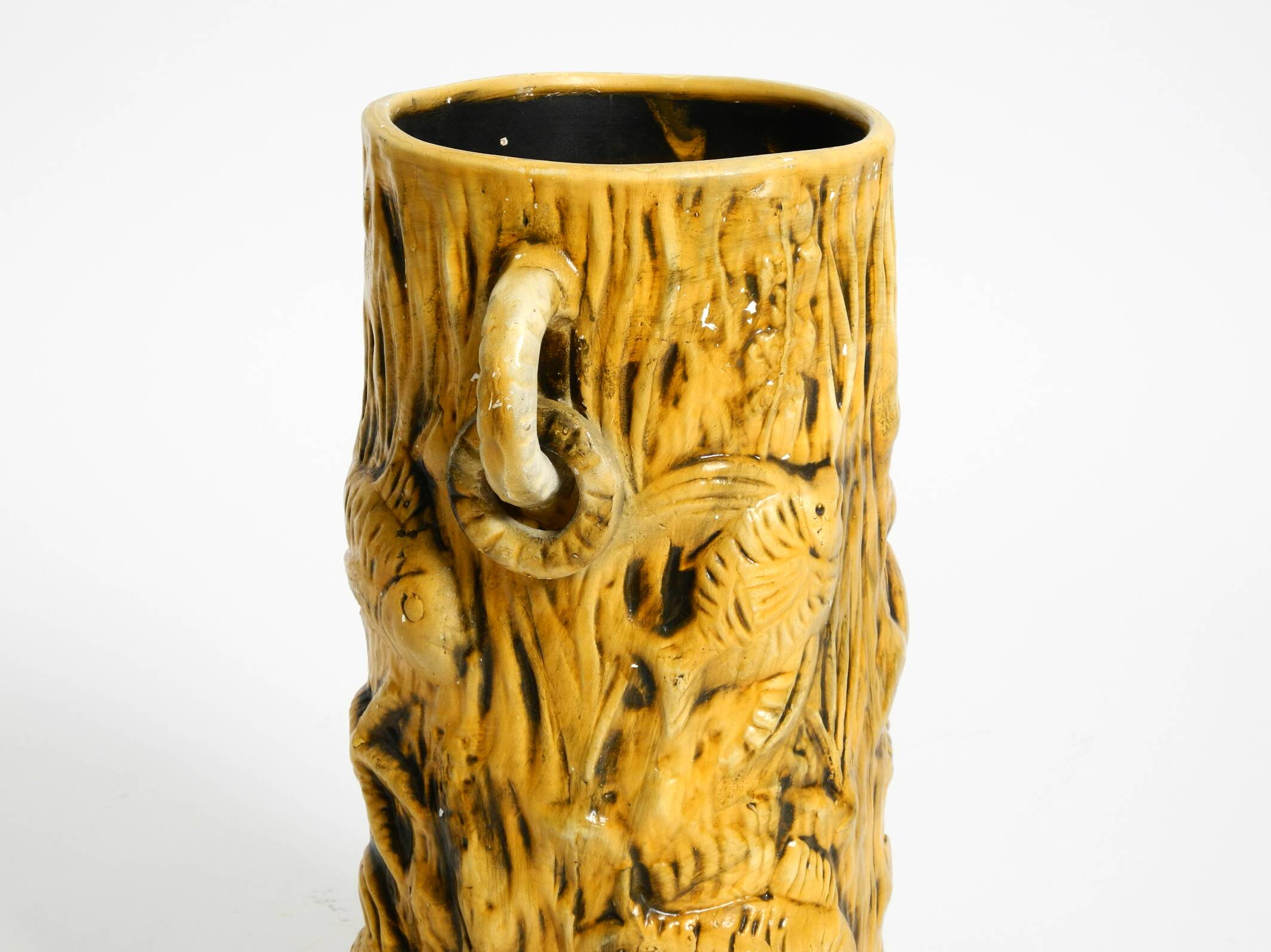 Large handmade glazed ceramic floor vase, handled vase with maritime motifs