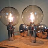 Pair of vintage wall lights in chromed metal and smoked glass, 70s