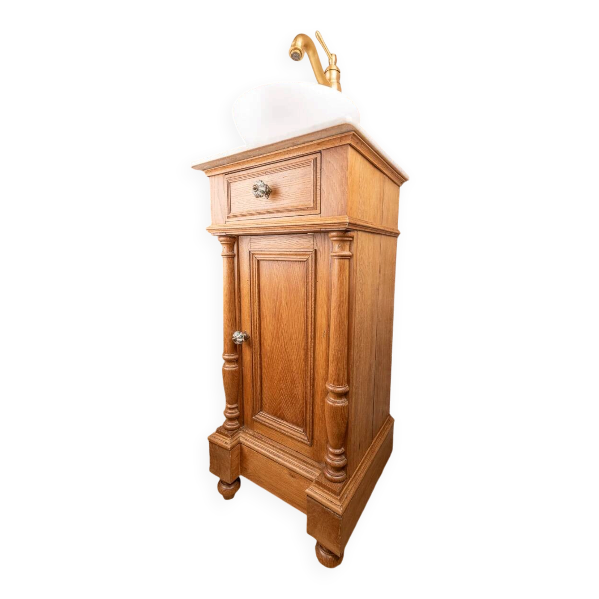 Small antique oak washstand with turned columns and white marble – Henri II style / late 19th century