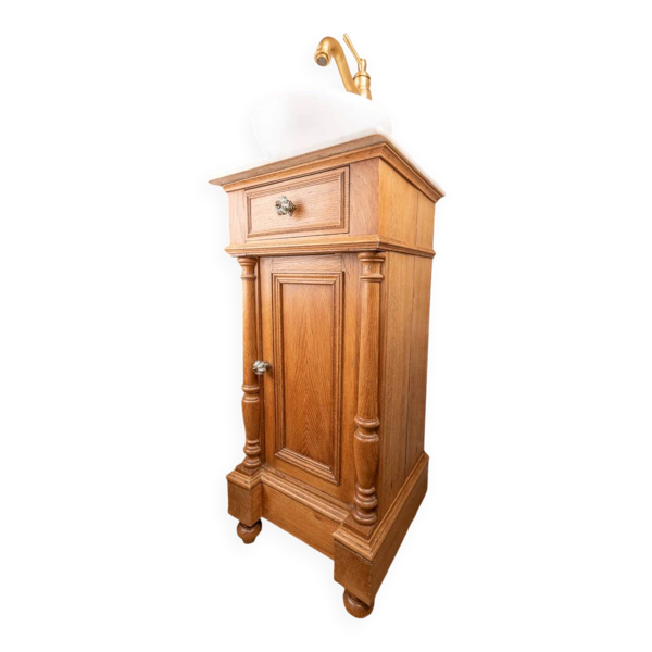 Petit meuble vasque ancien en chêne à colonnes tournées et marbre blanc – style Henri II / fin XIXe siècle