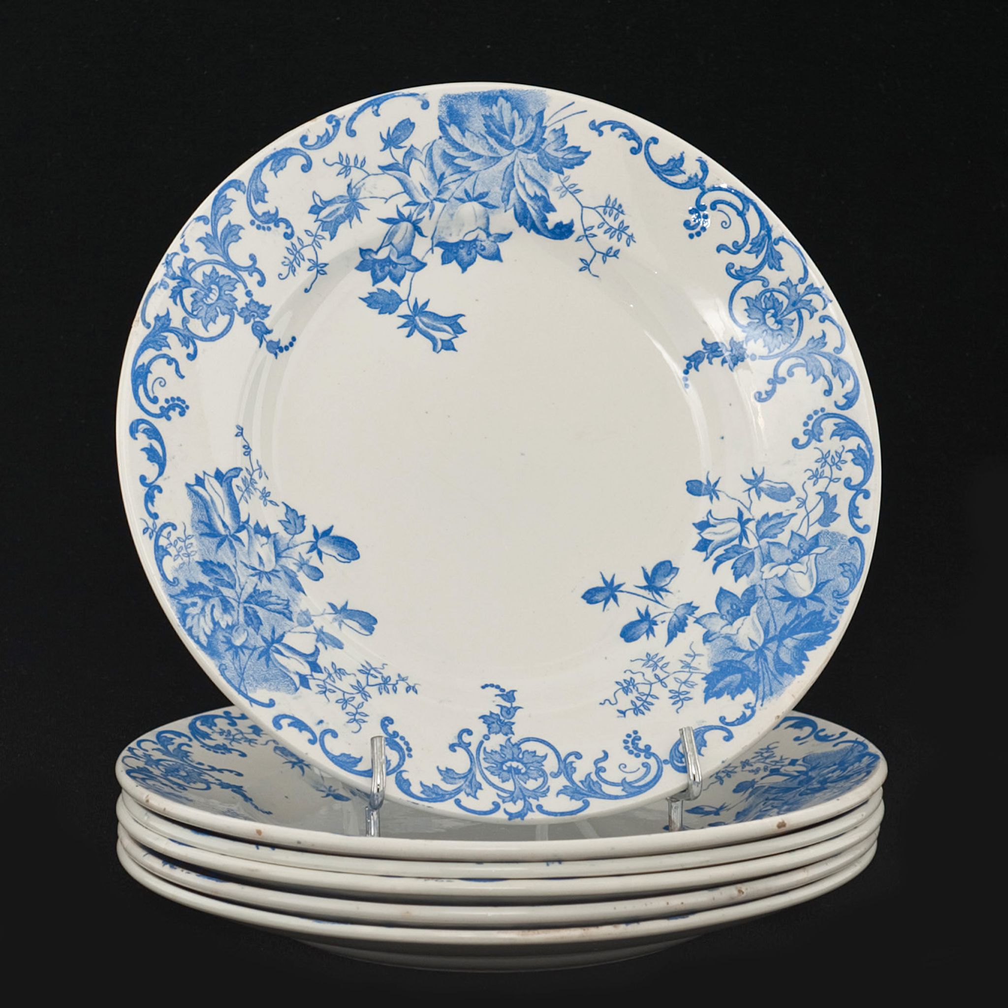 6 assiettes plates anciennes faïence de france décor floral bleu
