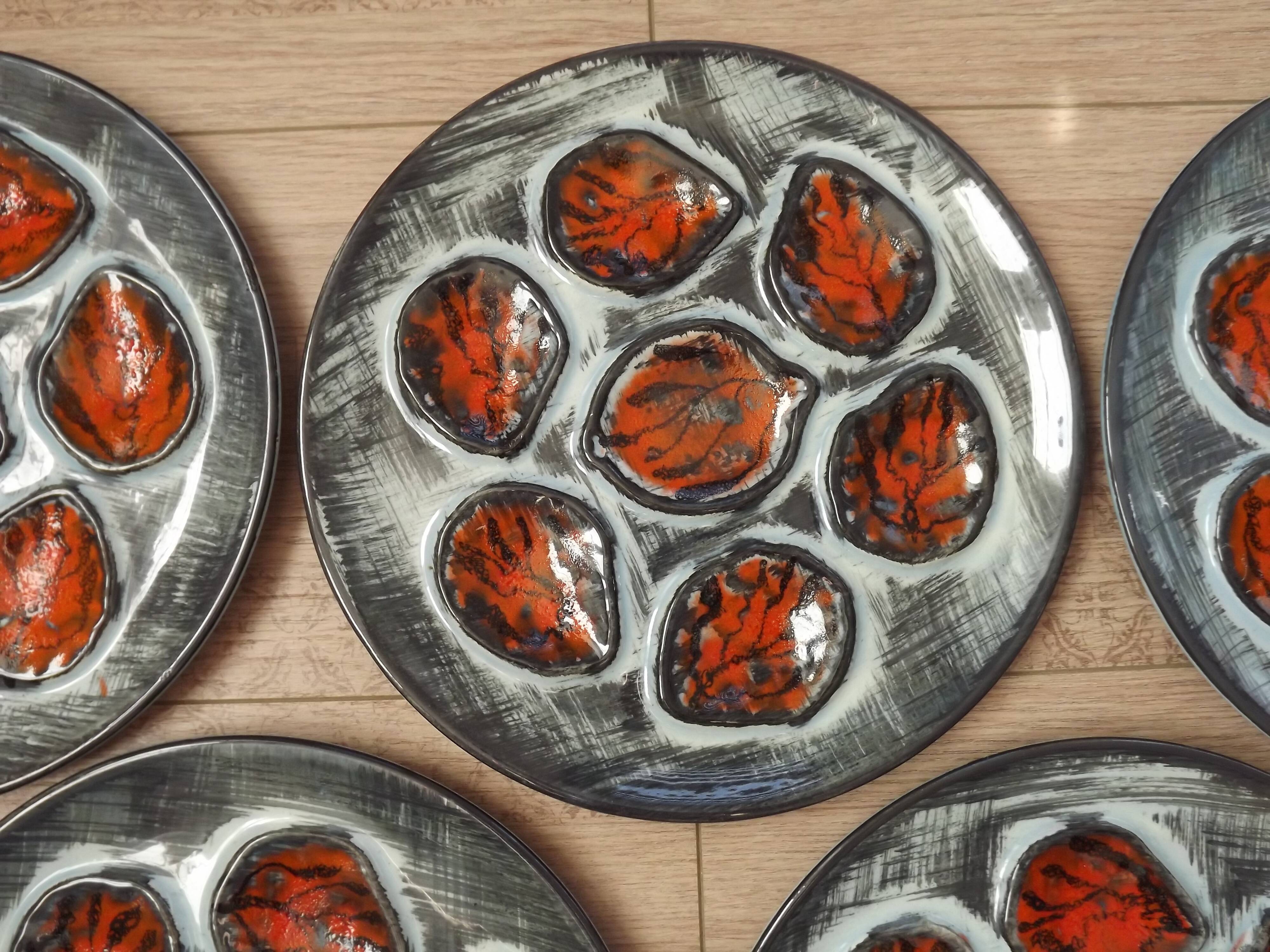 Set of 5 French Pordic Blue Grey & Orange Hand Painted 6 Well Oyster Plates 4974