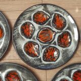 Set of 5 French Pordic Blue Grey & Orange Hand Painted 6 Well Oyster Plates 4974