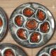 Set of 5 French Pordic Blue Grey & Orange Hand Painted 6 Well Oyster Plates 4974