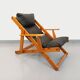 Vintage adjustable folding chaise longue armchair in pine and faux leather