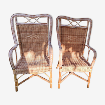 Pair of rattan armchairs wicker high backrest