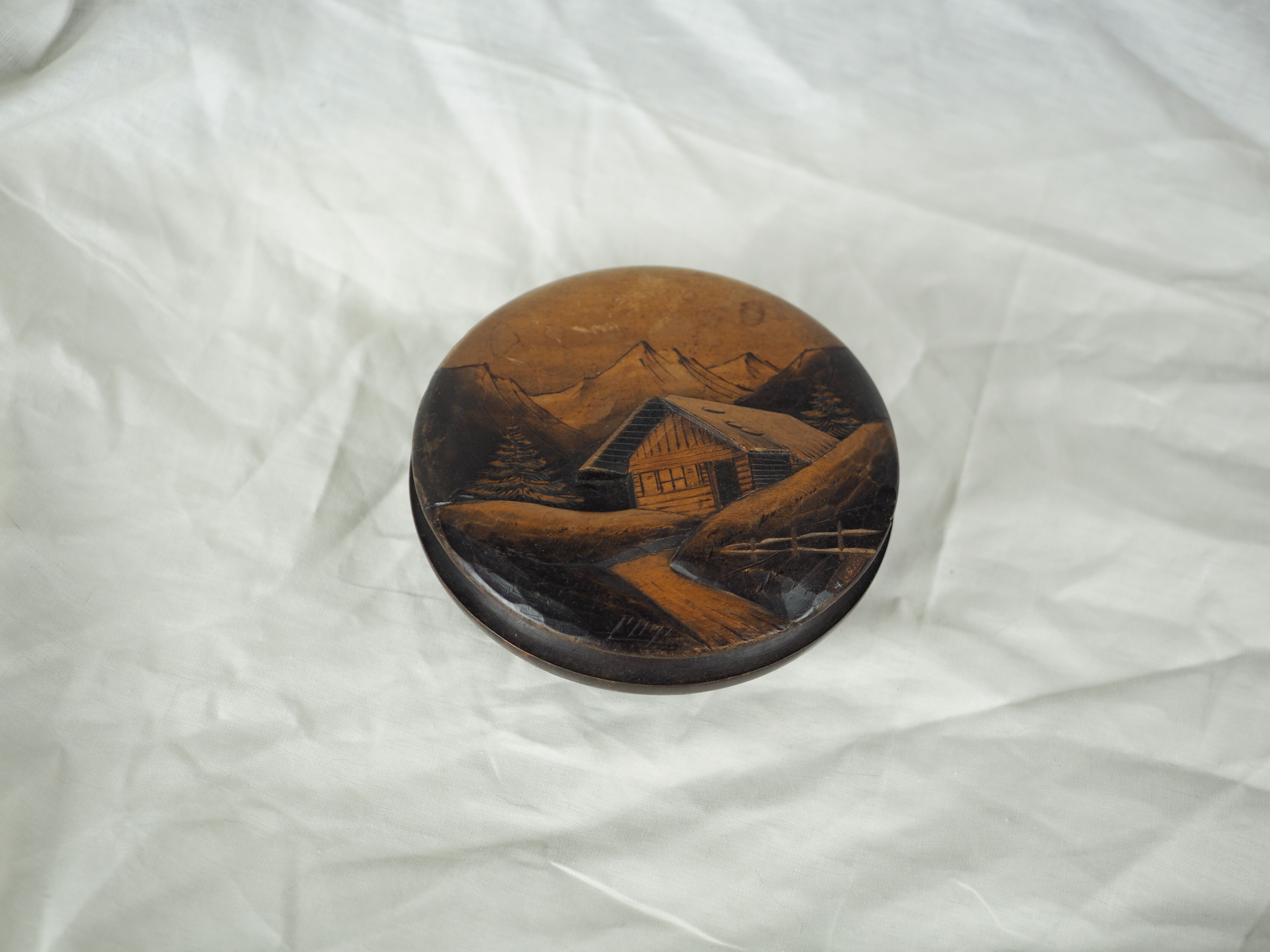 Large blackened wooden box mountain landscape folk art early / mid twentieth