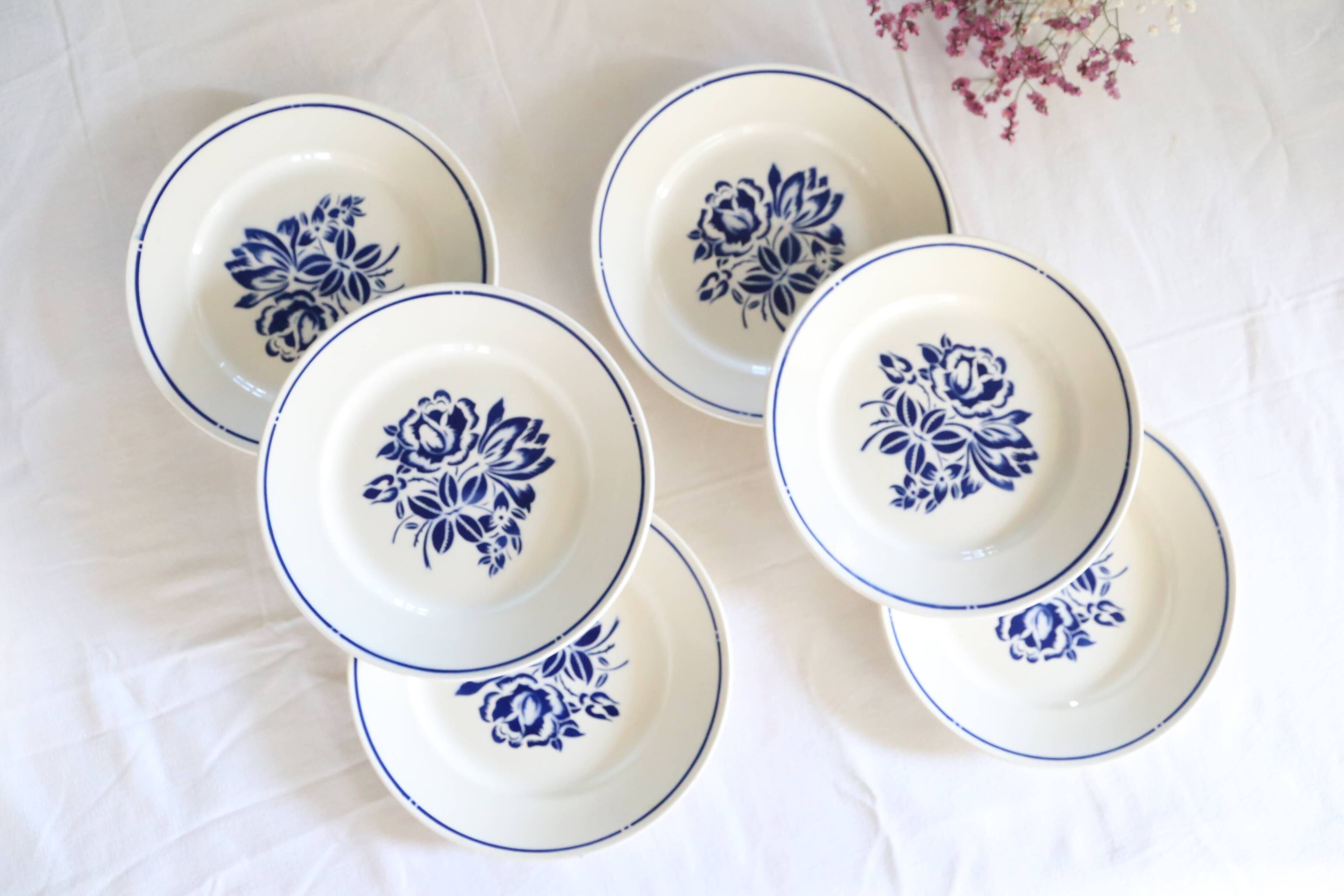 Set of 6 Badonviller flat plates, vintage French, authentic, rare, countryside