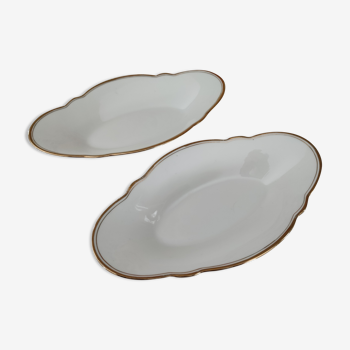 Lot de 2 raviers creux oblongs en porcelaine suisse blanche double liseré doré