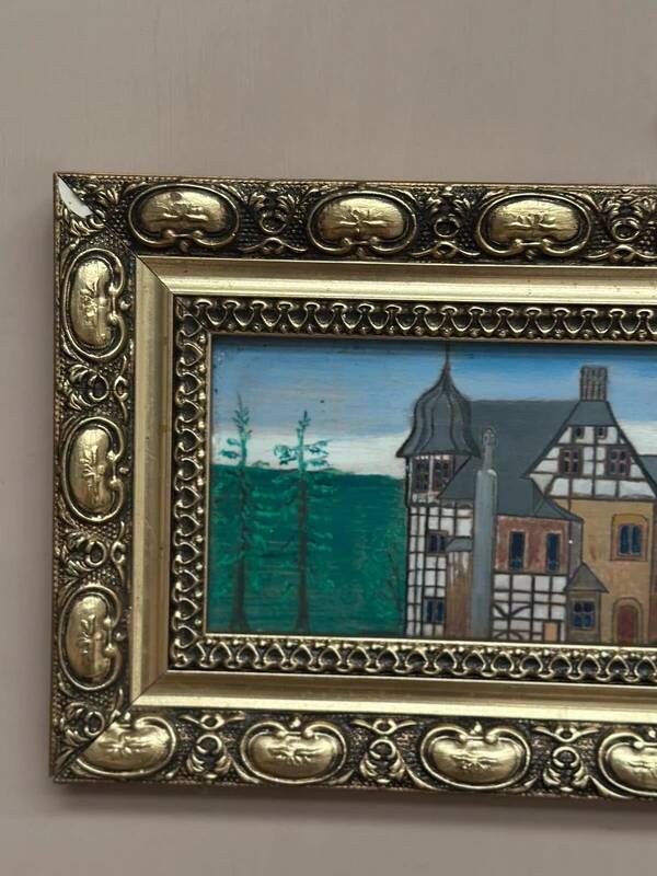Original woodcut art “Buildings II” by unknown artist, vintage & framed 34×16cm