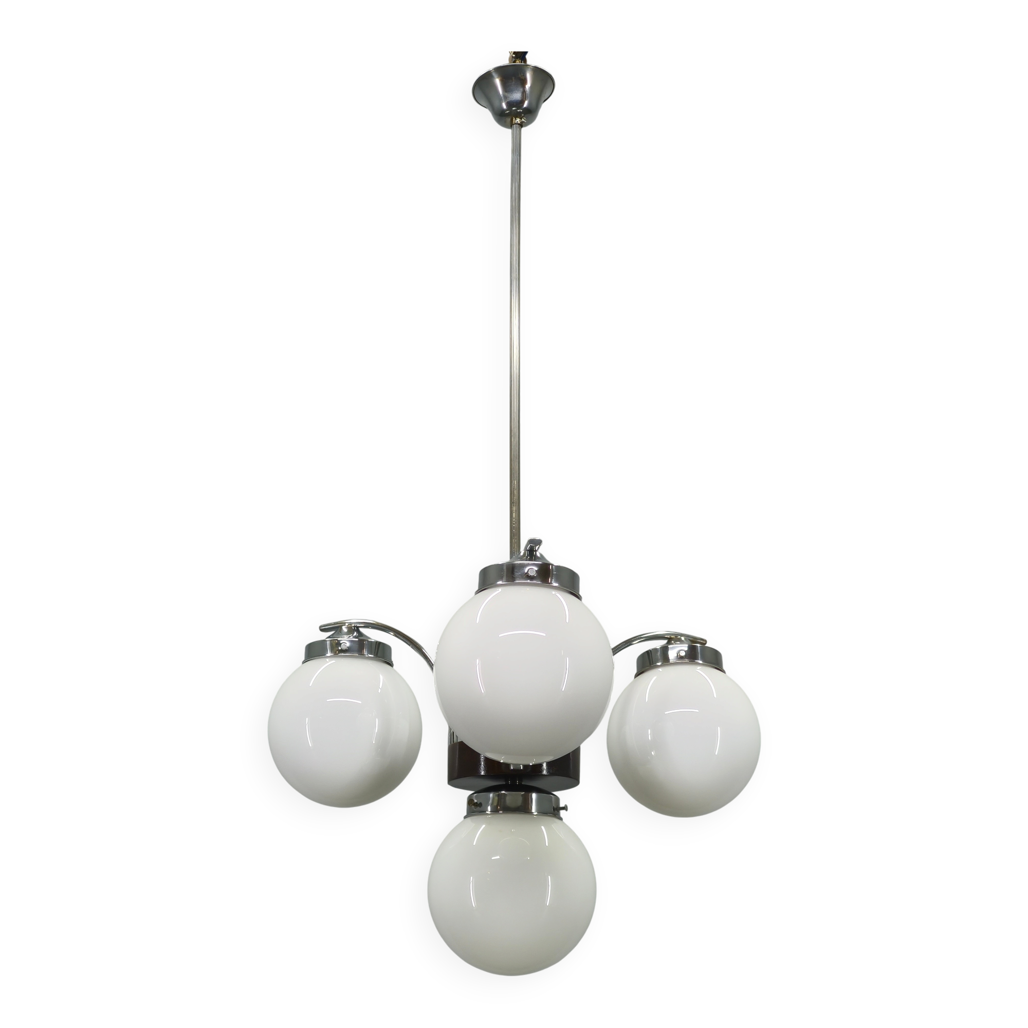 Czech Art Deco Chandelier from the 1930s with Four Opaline Glass Shades