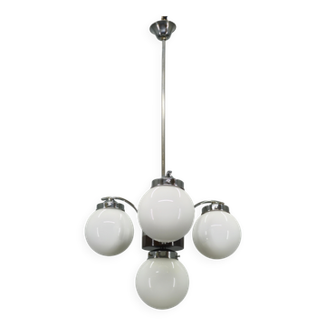 Czech Art Deco Chandelier from the 1930s with Four Opaline Glass Shades