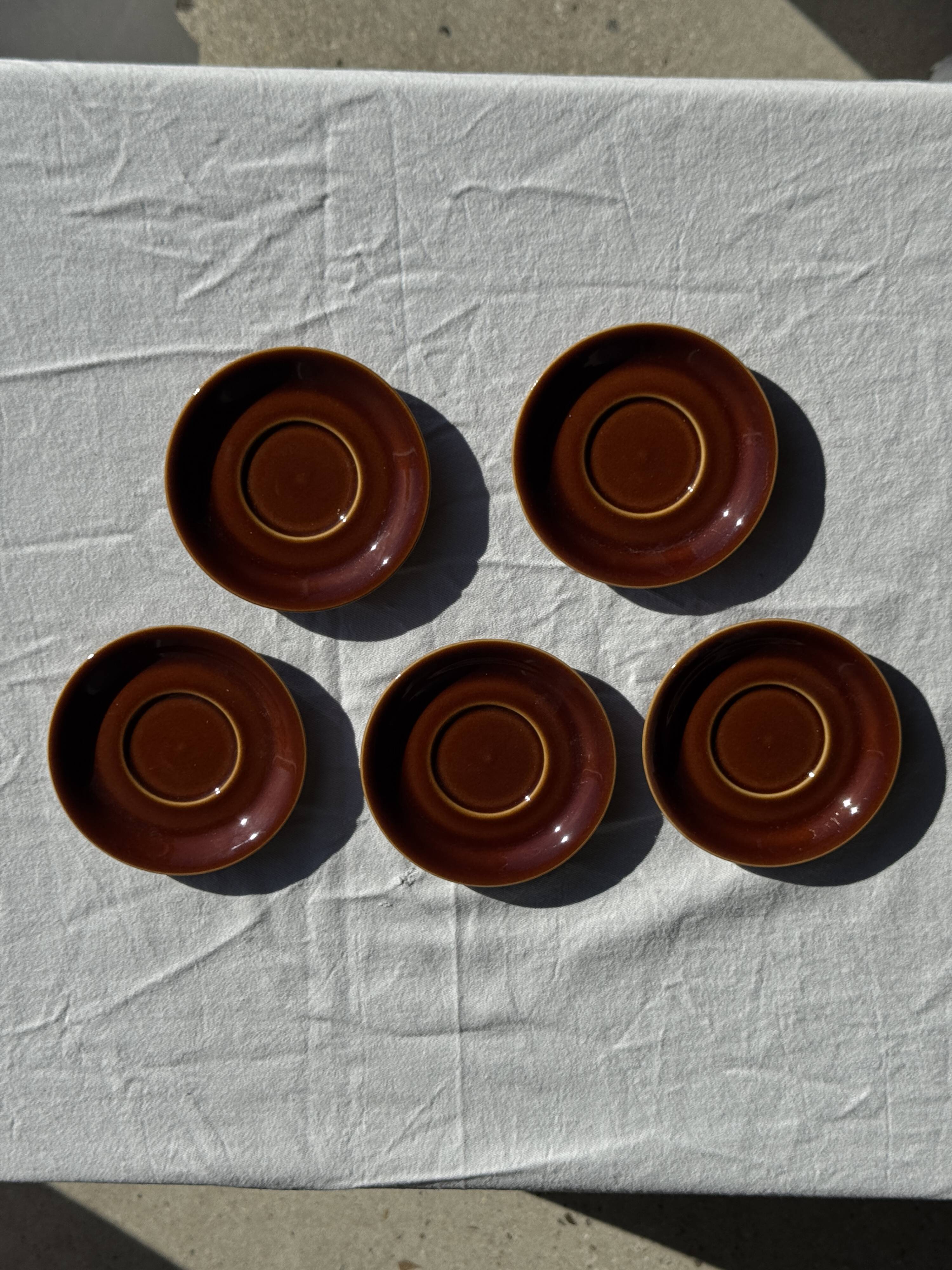 Set of 6 vintage brown glazed ceramic espresso cups with saucers.